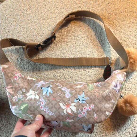 Designer LIKE Floral Tan Belt Bag with Pom Poms - Picture 6 of 12